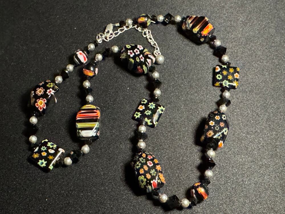 Vintage 925 Millefiori Glass Bead Necklace Murano Glass